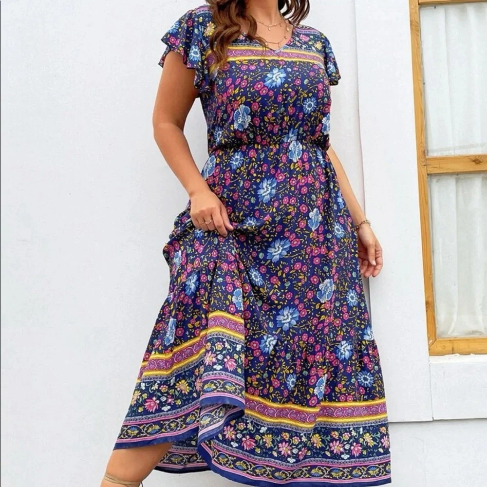 Plus size boho floral print V neck maxi dress - Picture 1 of 7